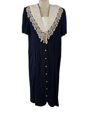 Vintage Jeffrey And Dara Navy Midi Dress with Ivory Lace V-Neck
